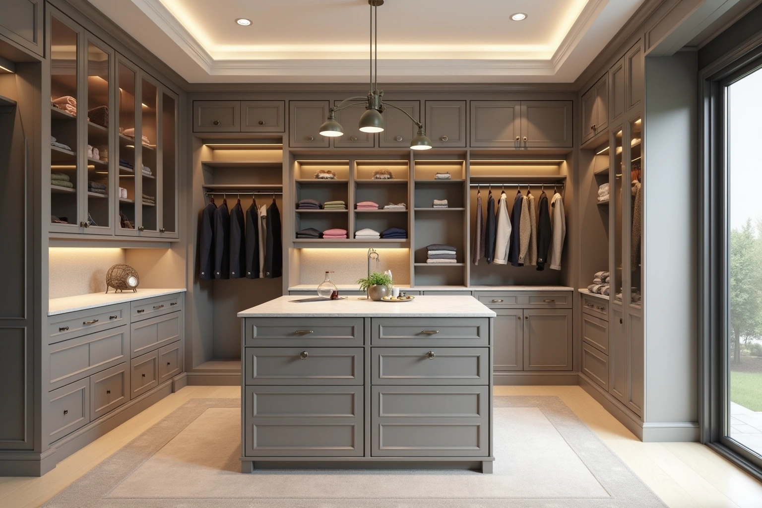 Walk-in closet with grey fitted cabinetry, glass-front uppers, lit shelves and a drawer island with a white top.